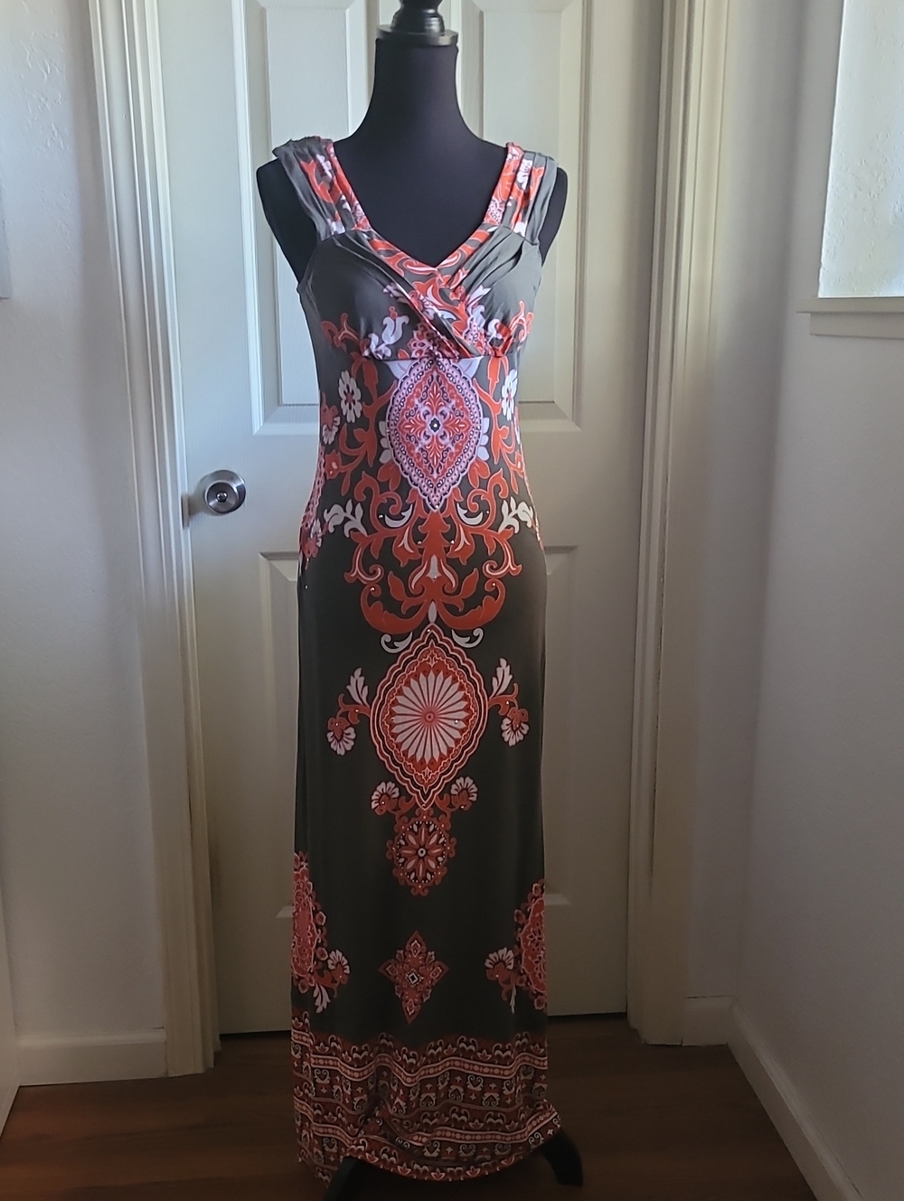 INC International Concepts Olive Maxi Dress with Coral Print S SUPER STRETCY